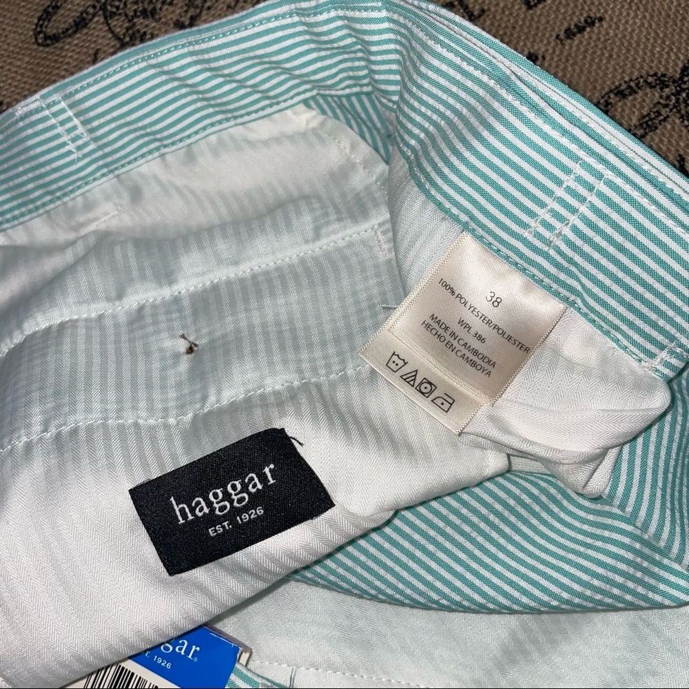 Haggar NWT! Seersucker Cool18 Turquoise/White Striped Short Size 38W - Picture 11 of 12